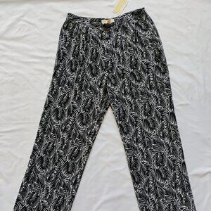 Michael Kors Leaf Print Gathered Wide Leg Pants Size 12 Petite Black/White